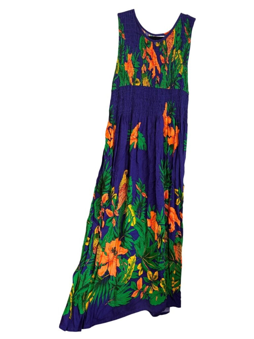 Unity Trading Hawaiian Maxi Dress Smocked Colorful Tropical Parrot Print Vibrant